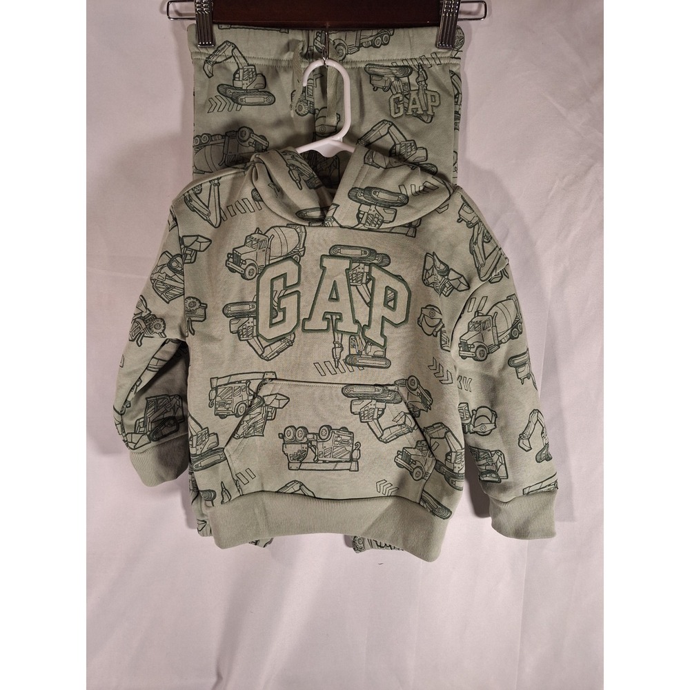 Baby Gap Kids 3T Construction Vehicle Hoodie and Joggers‎ Set Sage Green Fleece